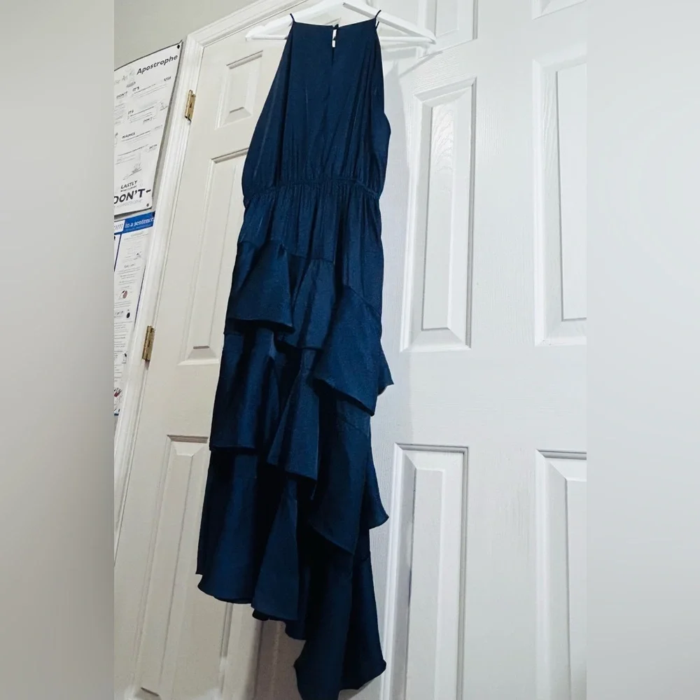 Petal & Pup Seychelles Navy Tiered Ruffle Maxi Dress Halter Satin Evening Dress - Picture 8 of 9